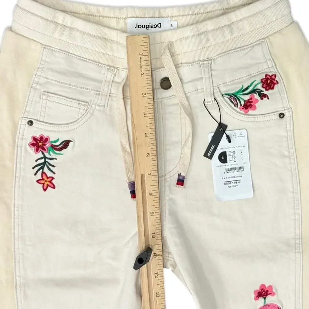 Desigual Cream Ecru Floral Embroidered Jogger Lita Raw Hem Jeans size S NEW Tags - Picture 6 of 12